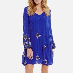 FREE PEOPLE Oxford Floral Embroidered Tunic Dress in Royal Blue Sz M Bohemian